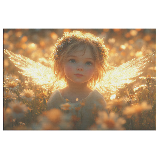 Adorable Angelic Girl with Light Wings Surrounded Flowers in Golden Sunset Charming Christian Canvas Wall Art for Nursery Home or Living Room Decor - Awakening Righteousness