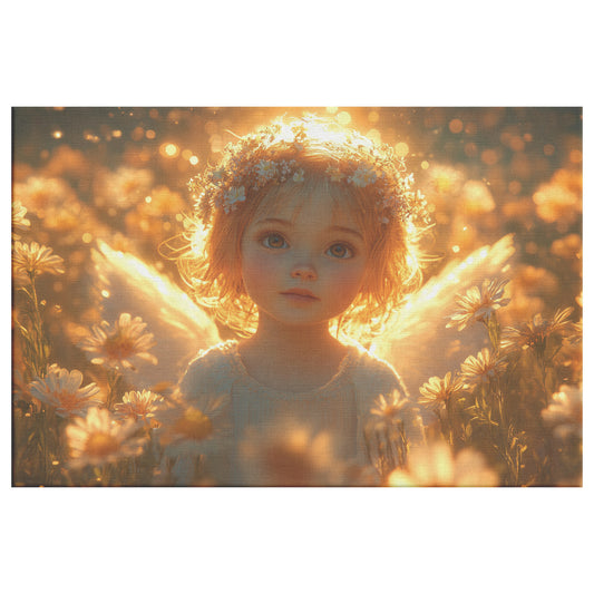 Beautiful Angelic Girl with Golden Wings in a Radiant Flower Field Bathed in Warm Sunshine and Glowing Flowers Christian Canvas Art Capturing Divine Innocence and Heavenly Light - Awakening Righteousness