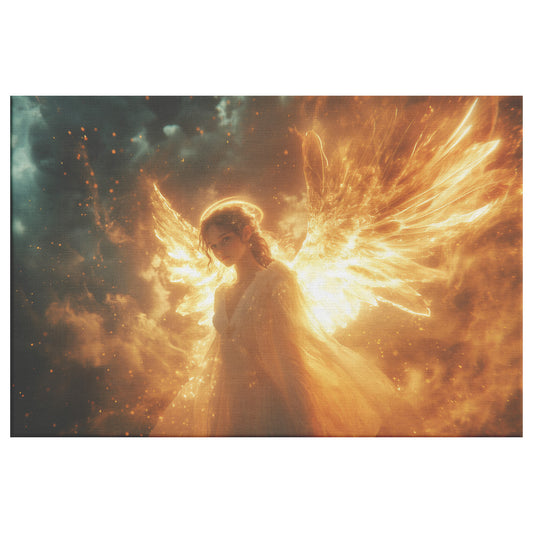 Beautiful Female Angel with Fire Wings Divine Christian Canvas Art Bioluminescent Light Heavenly Beauty Radiant Fire Wings Magical Lighting Celestial Power & Grace - Awakening Righteousness
