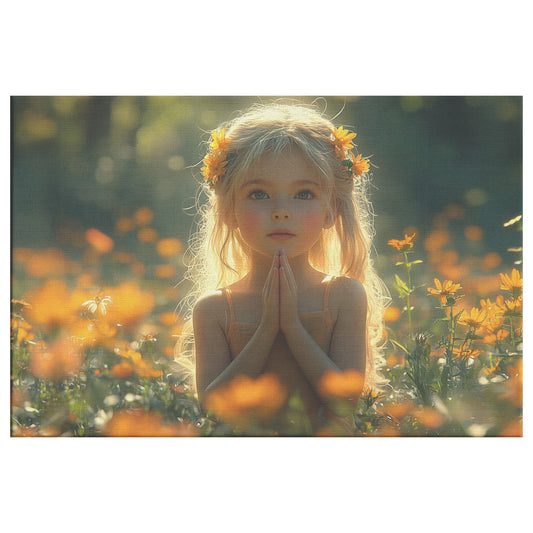 Beautiful Young Girl with Blonde Hair and Blue Eyes Praying in an Orange Flower Field Bathed in Sunlight Uplifting Christian Canvas Art for Peace and Serenity - Awakening Righteousness