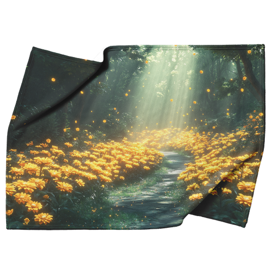 Glowing_Yellow_Zinnias_by_Forest_Path_wi_H_Blanket_Top_Bottom_Folds_Mockup.png
