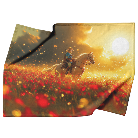 Heroic_Warrior_and_Steed_in_Twilight_Fie_H_Blanket_Top_Bottom_Folds_Mockup.png