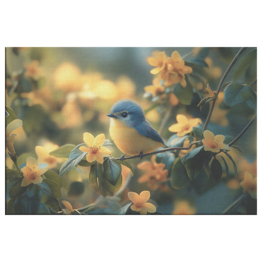 Small Blue and Yellow Bird Canvas Wall Art â Perched on an Orange Tree Branch Surrounded Vibrant Flowers - Awakening Righteousness