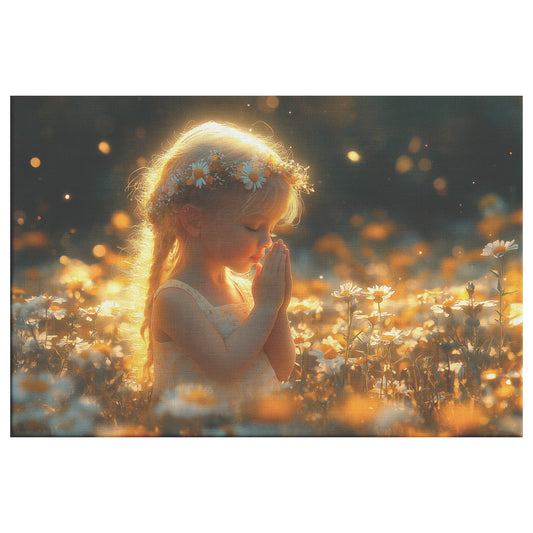 Young Girl Praying Amidst Daisies Christian Canvas Art Blonde Hair Sunlight Glow Tranquility Joyful Prayer Divine Connection Peaceful Moment Nature's Beauty - Awakening Righteousness