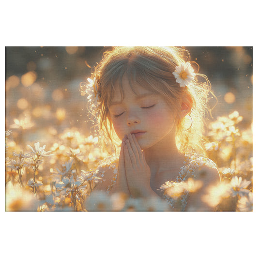Young Girl in Prayer with Hands Clasped Surrounded Blooming Daisies and Bathed in Golden Sunlight Embracing Peace Faith and Tranquility Inspirational Christian Canvas Art - Awakening Righteousness