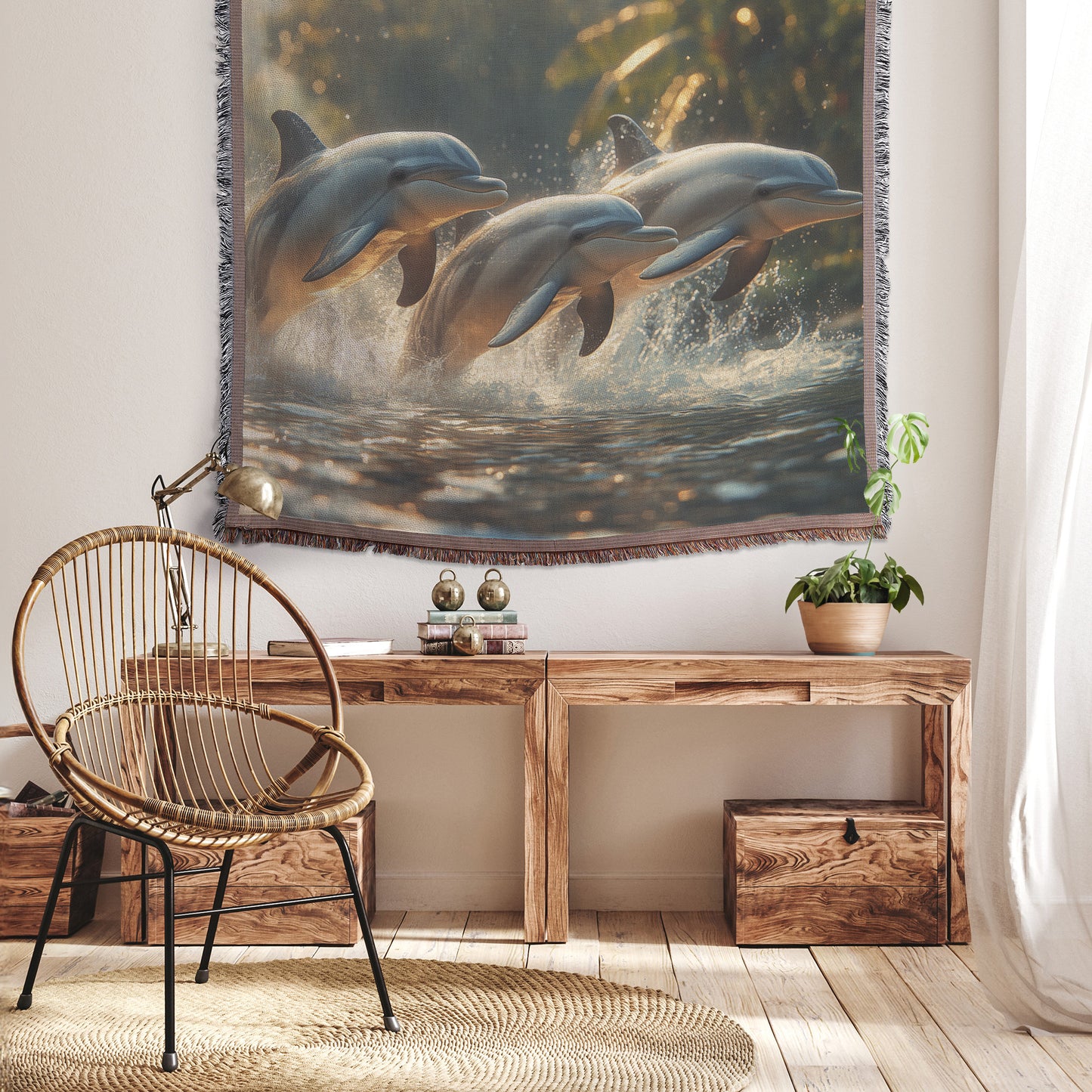 Joyful Dolphins in Morning Light Throw Blanket Playful Ocean Scene Kids Blanket Nature-Inspired Dolphin Blanket for Kids Room - Awakening Righteousness