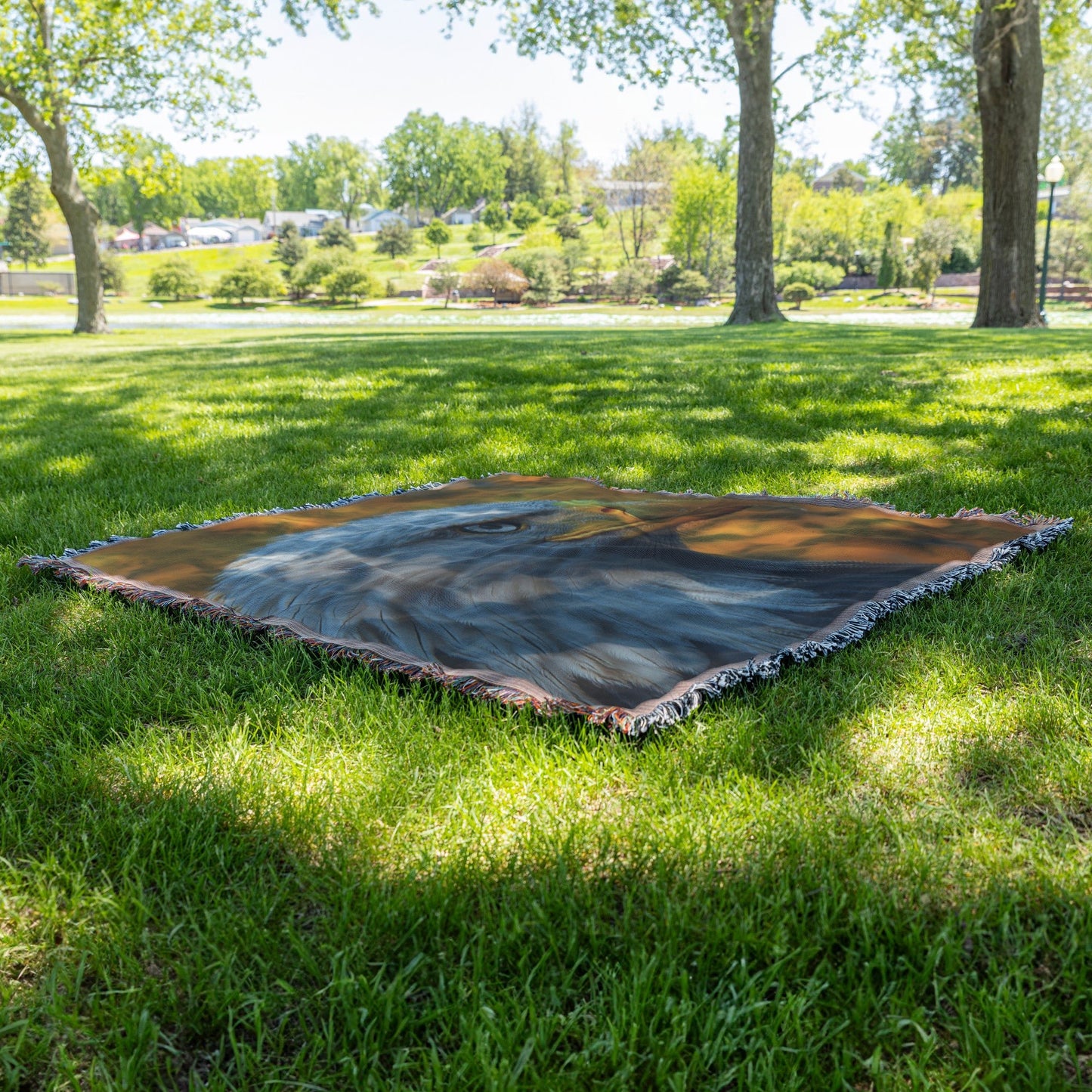 Regal Bald Eagle Portrait with Autumn Backdrop Majestic Wildlife Woven Throw Blanket for Living Rooms Offices Bird Lovers Nature-Inspired Decor & Fall Home Accessories - Awakening Righteousness