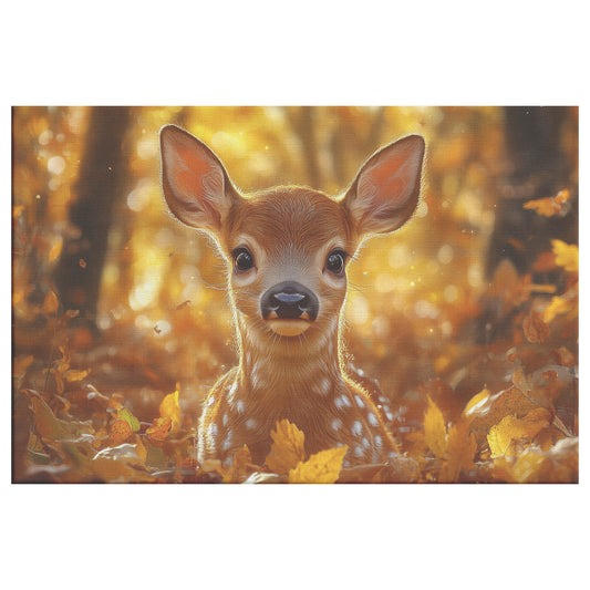 Adorable Baby Deer in Autumn Leaves with Golden Sunlight Canvas Wall Art Decor - Awakening Righteousness
