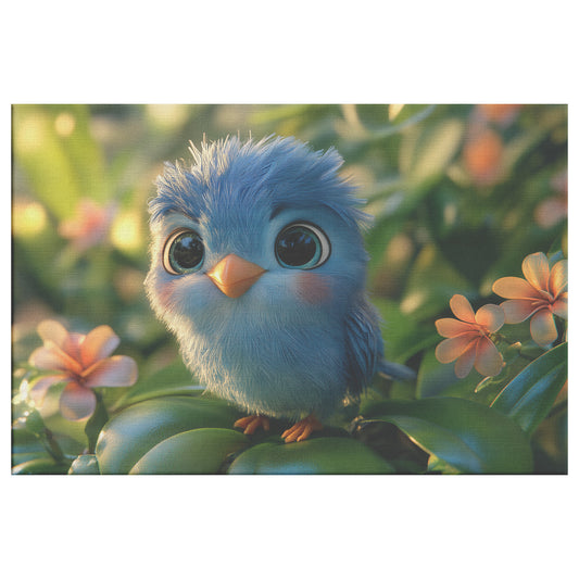 Adorable Blue Bird on Tropical Flowers Radiating Charm and Cuteness Christian Canvas Wall Art Decor - Awakening Righteousness