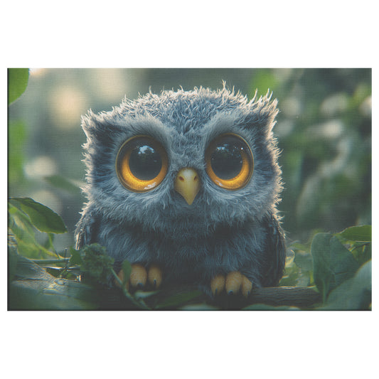 Adorable Fluffy Baby Owl with Big Eyes Sitting on a Tree in a Serene Forest Cute Wildlife Canvas Wall Art for Home Living Room Nursery or Office - Awakening Righteousness