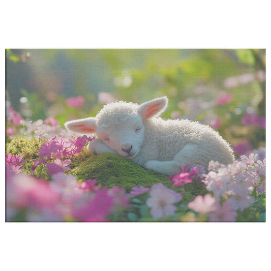 Adorable Lamb Nestled in a Flower Meadow Embracing Springtime Joy and Serenity Christian Canvas Wall Art Decor