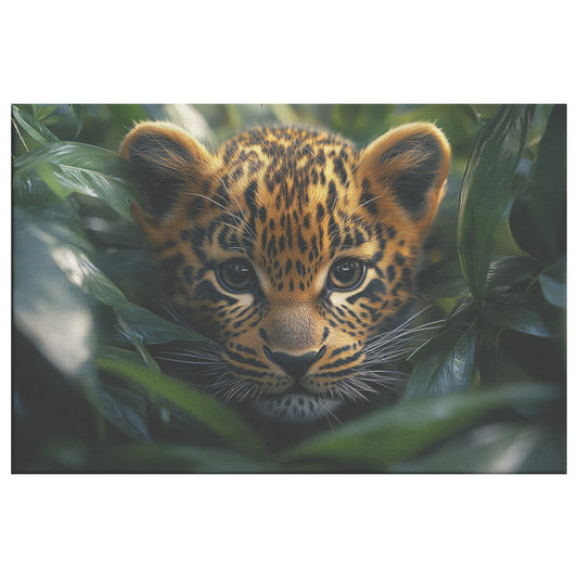 Adorable Leopard Cub Peeking from Leaves in Dense Jungle with Sunlight Cute Wildlife Art for Home Living Room or Office Canvas Wall Art Decor - Awakening Righteousness