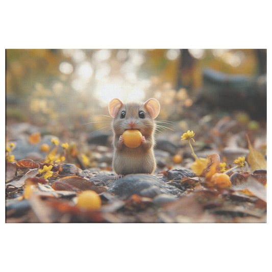 Adorable Mouse Holding an Orange Amid Fallen Leaves and Flowers with Sunlight Filtering Through Trees Christian Canvas Wall Art Decor - Awakening Righteousness