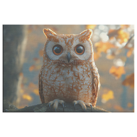 Adorable Owl with Large Orange Eyes Perched on a Tree in an Autumn Setting Nature-Inspired Wall Art Decor - Awakening Righteousness