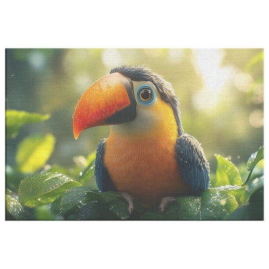 Cute and Happy Toucan Bird with Big Eyes Sitting on Tree Leaf in Rainforest Canvas Wall Art Decor - Awakening Righteousness