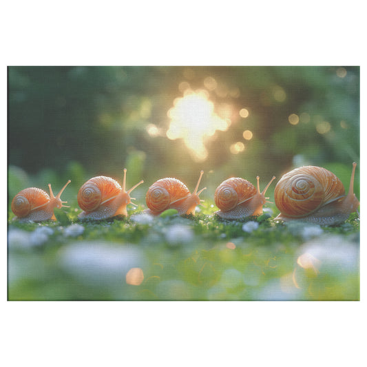 Cute Family of Snails Crawling in Sunlit Grass Christian Canvas Wall Art Decor - Awakening Righteousness