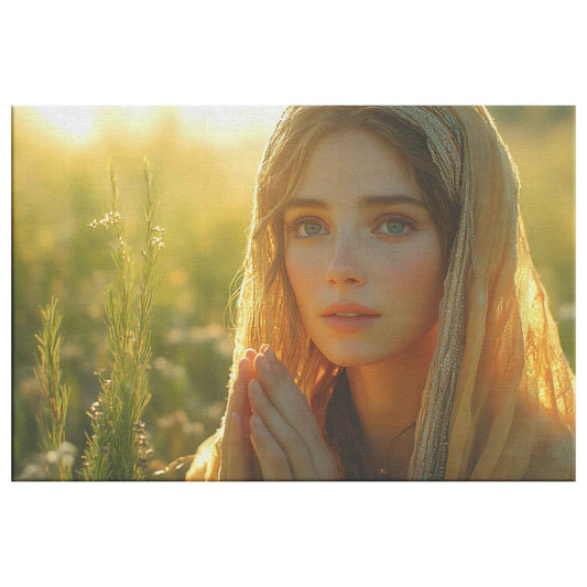 Dawn of Serenity Woman in Traditional Dress Praying in a Wildflower Field Inspiring Christian Canvas Wall Art Decor