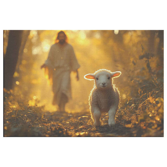 Divine Joy Adorable Lamb Walking Towards Jesus in Sunlit Splendor A Celebration of Faith and Redemption Christian Canvas Wall Art Decor
