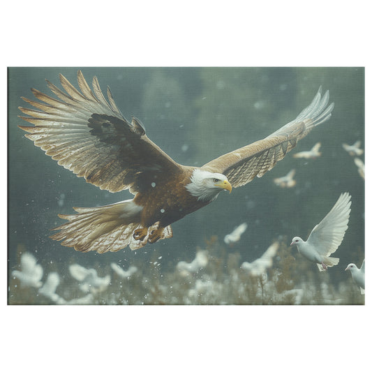 Eagle Soaring with White Doves Over Wildflowers and Mist Majestic Wildlife Art for Home Living Room or Office Canvas Wall Art Decor - Awakening Righteousness