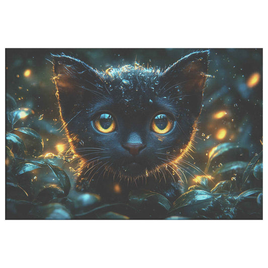 Enchanted Black Cat with Glowing Eyes A Magical Forest Scene with Fireflies and Water Droplets Christian Canvas Wall Art Decor