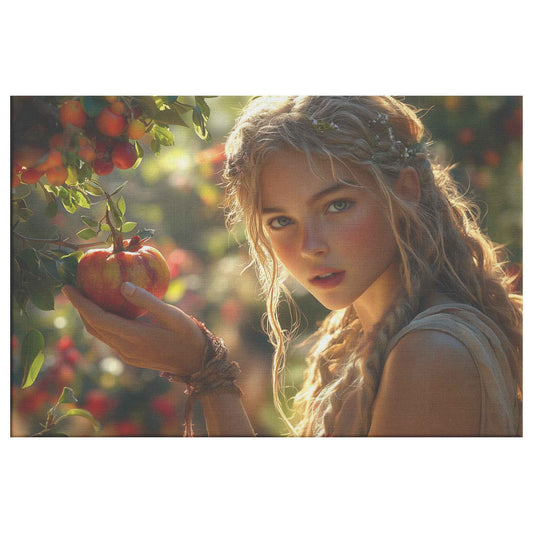 Eve's Enchantment Radiant Young Woman in Greek Toga Picking Apples Timeless Christian Canvas Wall Art Decor