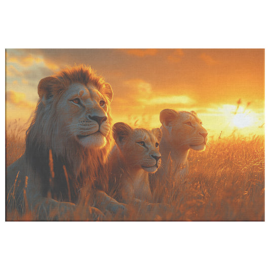 Family of Lions with Father and Two Lioness Cubs Sitting Under Orange Sunset Sky Majestic Wildlife Canvas Wall Art for Home Living Room or Safari-Themed Decor - Awakening Righteousness