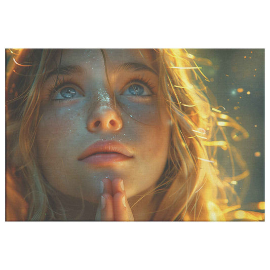 Golden Hope Girl Praying with Glittering Faith Inspiring Christian Canvas Wall Art Decor
