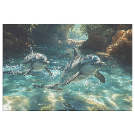 Graceful Dolphins Swimming in Crystal-Clear Waters Christian Canvas Wall Art Decor