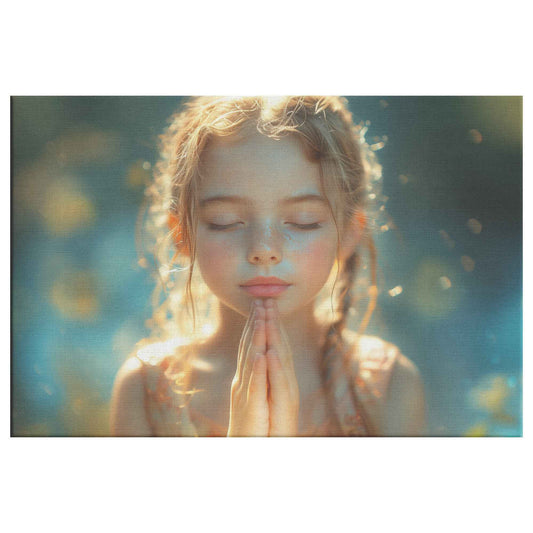 Graceful Prayer Young Girl in Sunlit Serenity with Pastel Hues High-Resolution Christian Canvas Wall Art Decor
