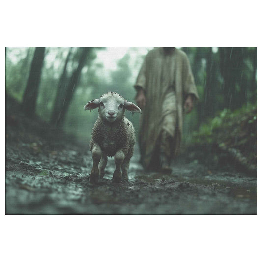 Graceful Rescue Jesus Protecting the Muddy Lamb on the Rainy Forest Path Christian Canvas Wall Art Decor