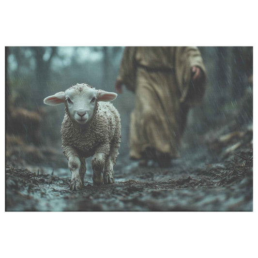 Guiding Light in the Midnight Storm Jesus Protecting a Lost Lamb in the Rain Christian Canvas Wall Art Decor