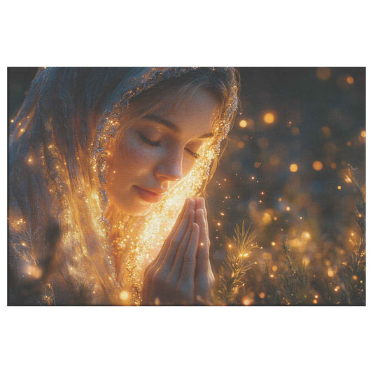 Heavenly Prayer Young Woman Bathed in Golden Light with Stars Above Inspiring Christian Canvas Wall Art Decor