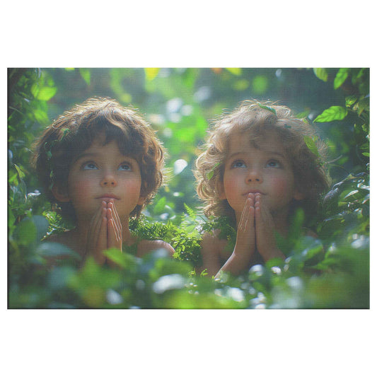 Innocent Faith Two Children Praying in Sunlit Forest Heartwarming Christian Canvas Wall Art Decor