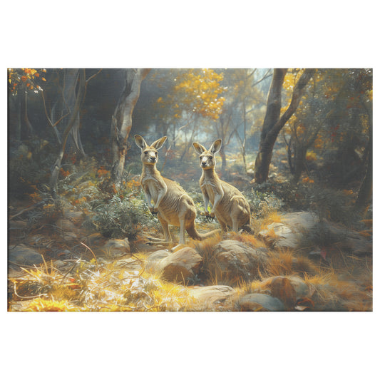 Kangaroos in Enchanted Forest with Golden Sunlight & Wildflowers Canvas Wall Art Decor - Awakening Righteousness