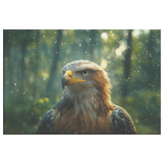 Majestic Eagle in Enchanting Forest Piercing Eyes and Serene Atmosphere with Dappled Sunlight Christian Canvas Wall Art Decor