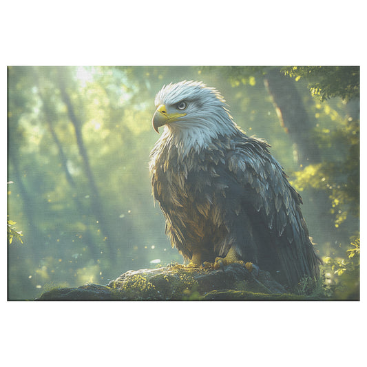 Majestic Eagle Perched on the Edge of an Ancient Forest with Sunlight Filtering Through Leaves Christian Canvas Wall Art Decor - Awakening Righteousness