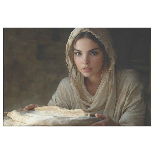 Nourishing Faith Woman Holding Bread in Ancient Kitchen Enriching Christian Canvas Wall Art Decor