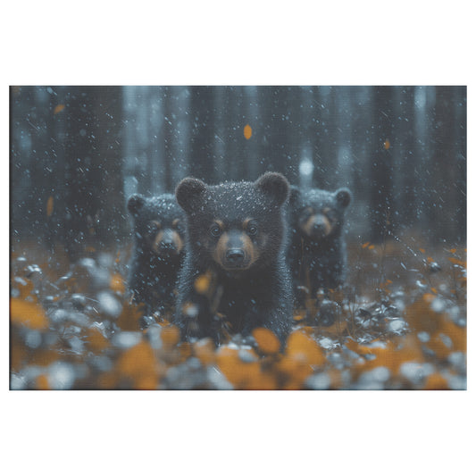 Playful Black Bear Cubs in Autumn Forest with First Snowfall Christian Canvas Wall Art Decor - Awakening Righteousness