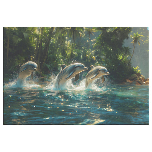 Playful Dolphins Leaping from the Water in an Exotic Paradise Christian Canvas Wall Art Decor - Awakening Righteousness