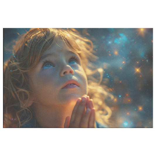 Radiant Faith Little Girl in Prayer Beneath a Celestial Canopy Inspirational Christian Canvas Wall Art Decor