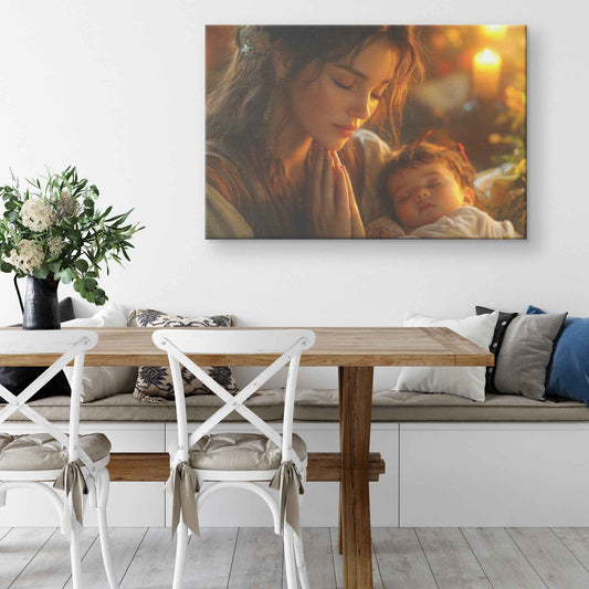 Sacred Moments Young Mother Praying Over Sleeping Baby in Warm Home Uplifting Christian Canvas Wall Art Decor