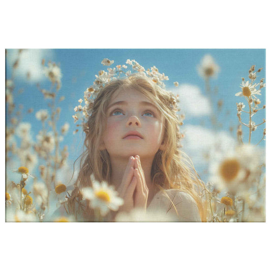 Serene Beauty Young Girl in White Flower Crown Praying in Wildflower Field Uplifting Christian Canvas Wall Art Decor