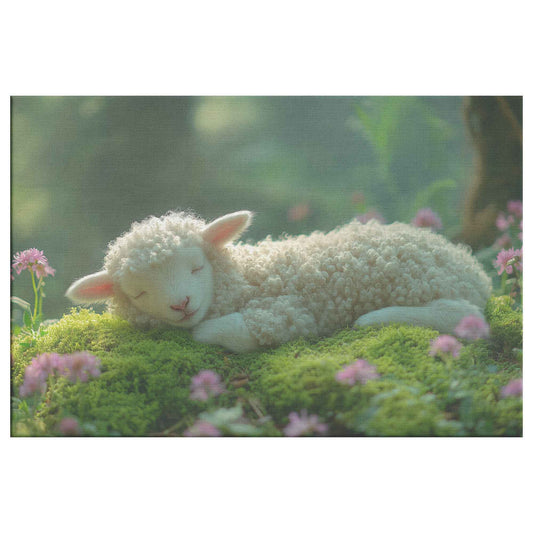 Serene Slumber of the Adorable Lamb A Peaceful Moment in Nature Christian Canvas Wall Art Decor