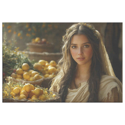 Serene Woman in Ancient Marketplace with Lemons and Flowers Christian Canvas Wall Art Decor