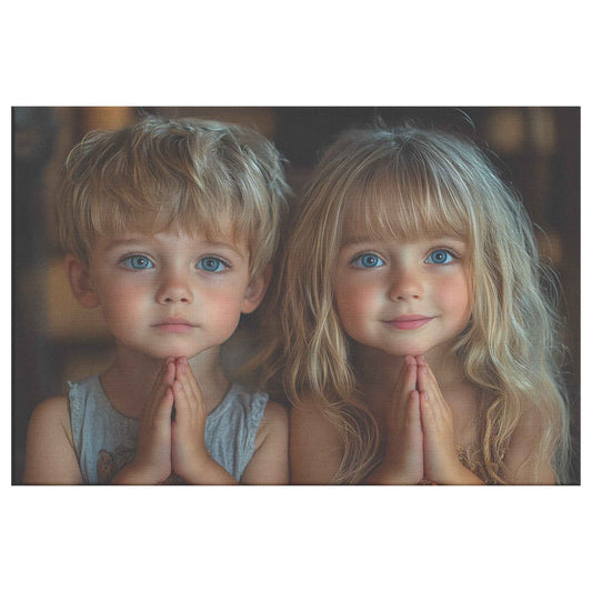 Sibling Devotion Young Brother and Sister in Prayer with Soft Lighting Heartwarming Christian Canvas Wall Art Decor