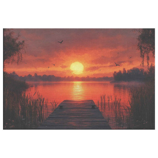 Stunning Sunset Over Tranquil Lake with Wooden Dock and Birds Elegant Natural Scenery Canvas Wall Art