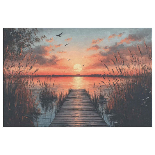 Stunning Sunset Over Tranquil Lake with Wooden Dock and Birds Vibrant Natural Scenery Canvas Wall Art