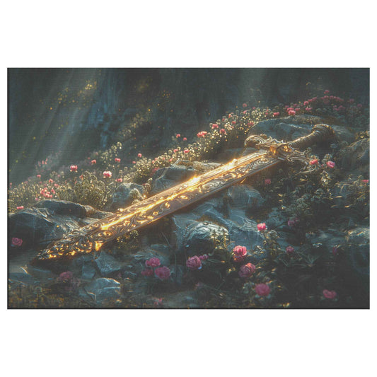 Sword of Righteousness Divine Light on the Path Amidst Blossoms and Greenery Christian Canvas Wall Art Decor