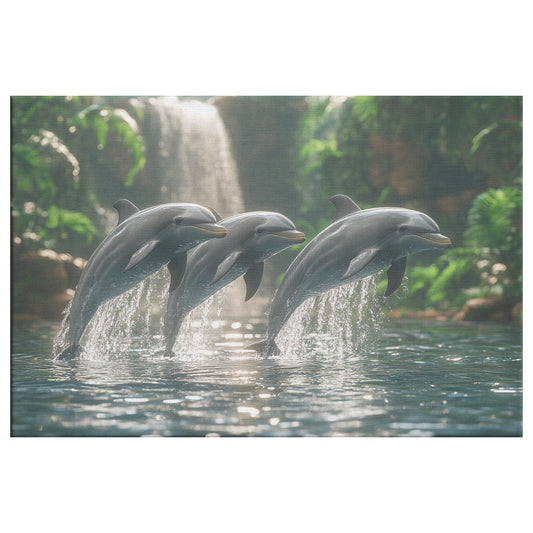 Three Realistic Dolphins Leaping in Front of a Waterfall in a Jungle Landscape Nature-Inspired Wall Art Decor - Awakening Righteousness