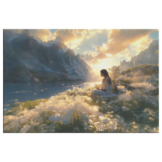 Tranquil Meditation Girl Surrounded White Flowers and Majestic Mountains at Sunset Peaceful Christian Canvas Wall Art Decor